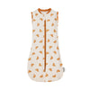 A cream-colored soft cotton baby sleeping bag or swaddle with small orange floral embroidery.