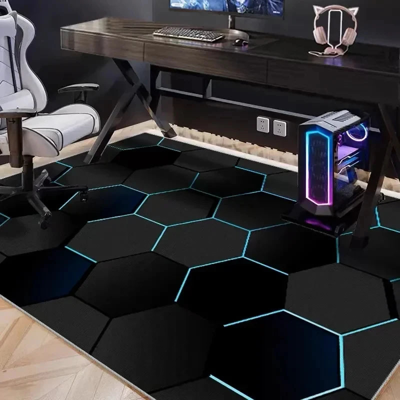 A black hexagon gaming area rug with glowing blue neon accents placed on a dark wooden desk.