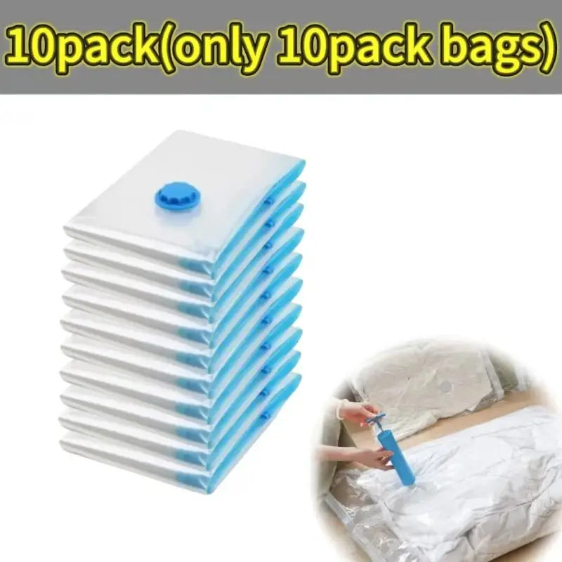 A stack of clear plastic storage bags is shown, ready for vacuum compression.