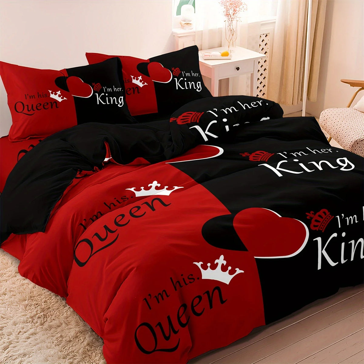 Printed letter bedding set featuring dark red and black fabric with crown designs