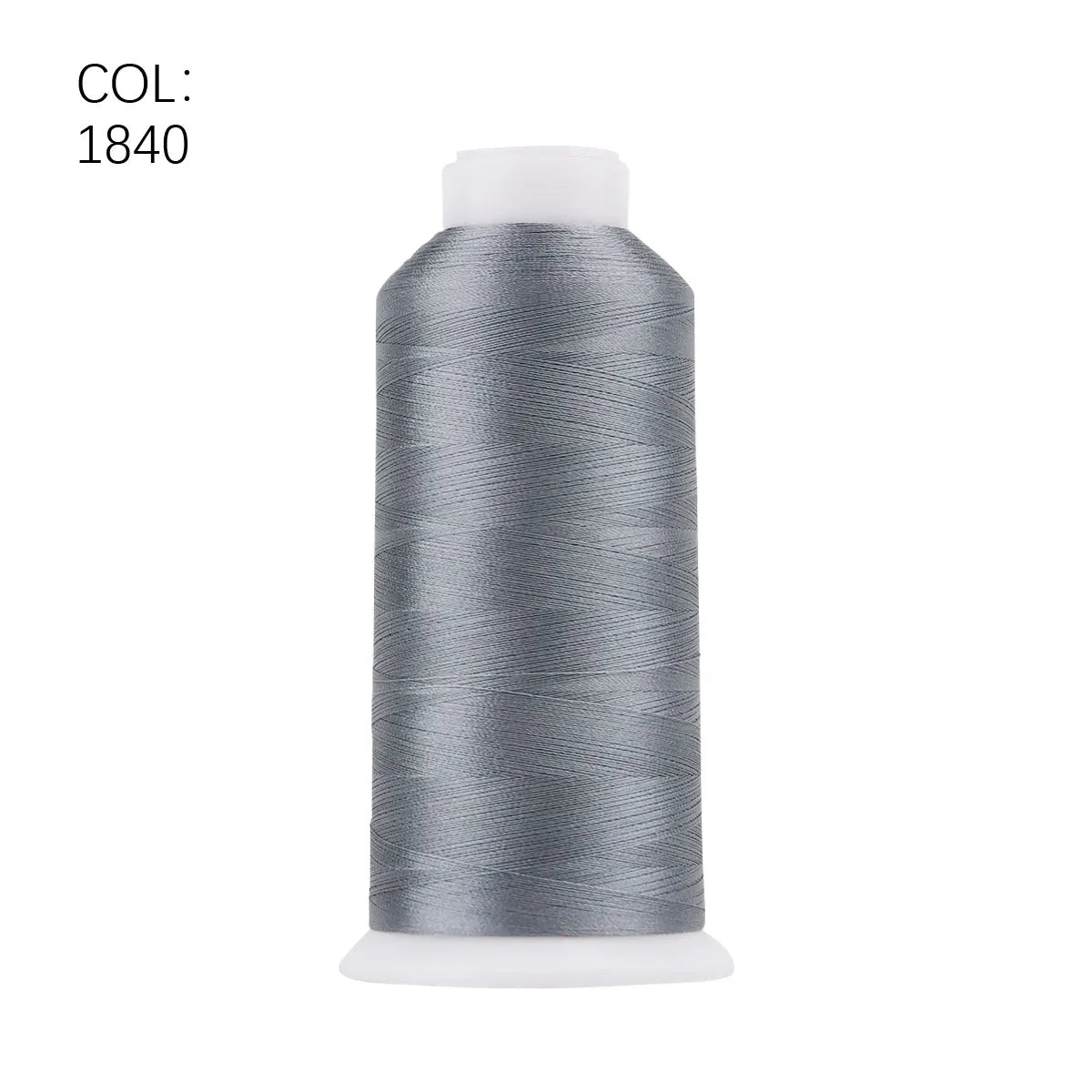 A roll of gray polyester embroidery thread labeled COL: 1840