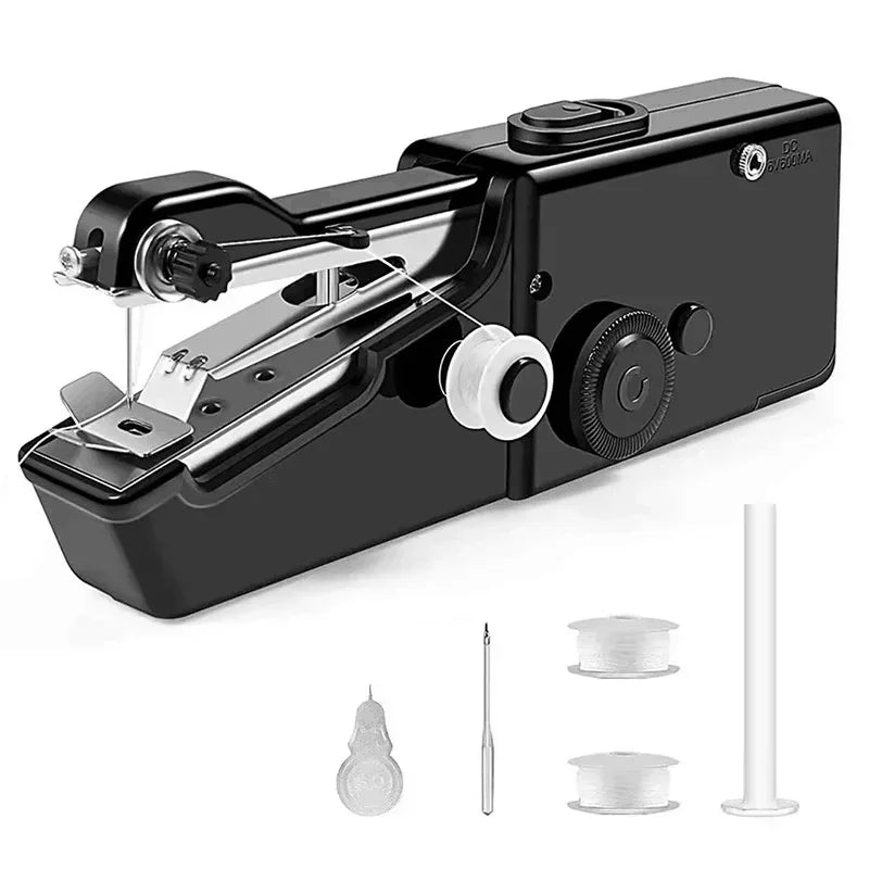 A black portable handheld sewing machine with a metal needle and thread visible.