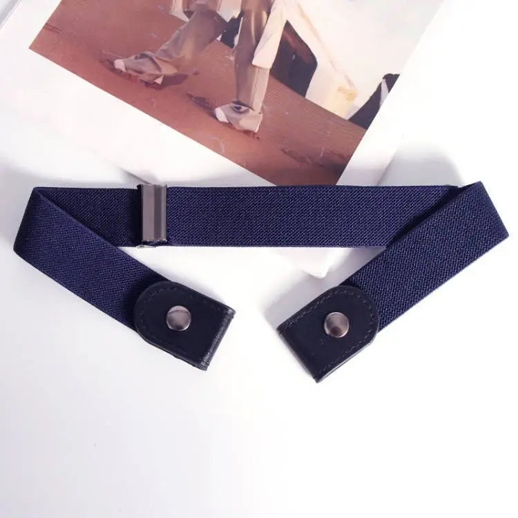 A dark navy elastic waist belt is shown against a white background, positioned below a photo of legs and clothing.
