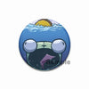 An enamel pin featuring an anime character with a fish head and blue water background.