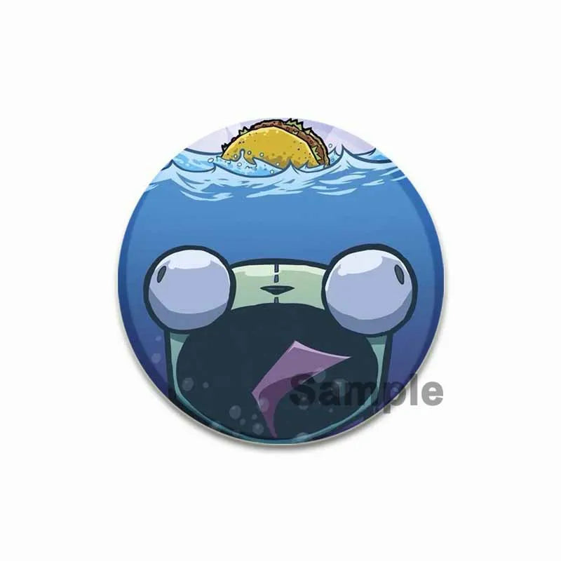 An enamel pin featuring an anime character with a fish head and blue water background.