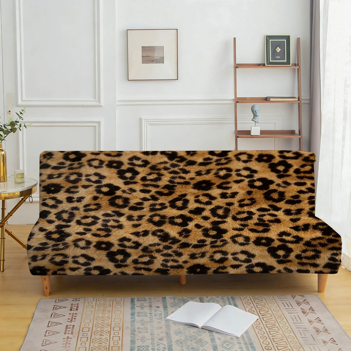 A brown leopard print velvet sofa cover displayed on a wooden frame with a light rug.
