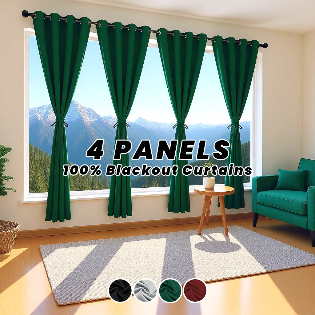 Four panels of dark green blackout curtains hanging in a window with a light wooden table and rug.