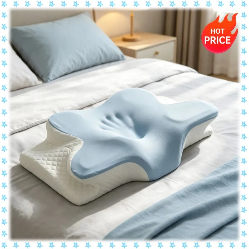A light blue cooling memory foam cervical pillow resting on a white bed with soft bedding.