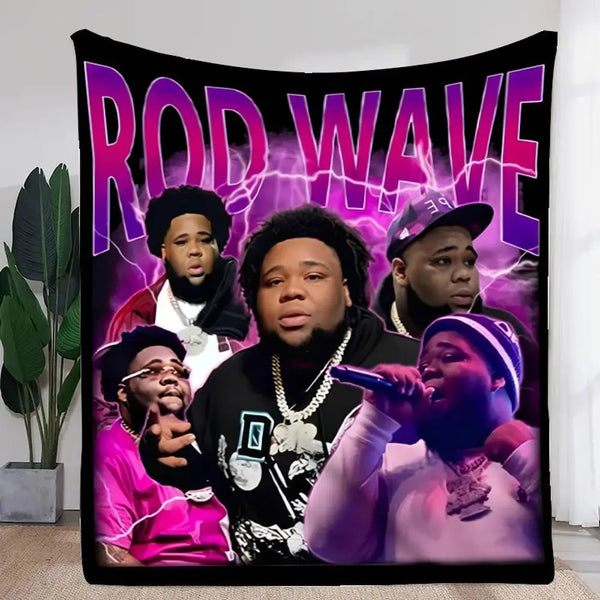 A poster featuring multiple portraits of Rod Wave with vibrant purple and pink lighting.