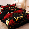 Black bedding set featuring a red floral heart print duvet cover and pillowcases with gold accents.