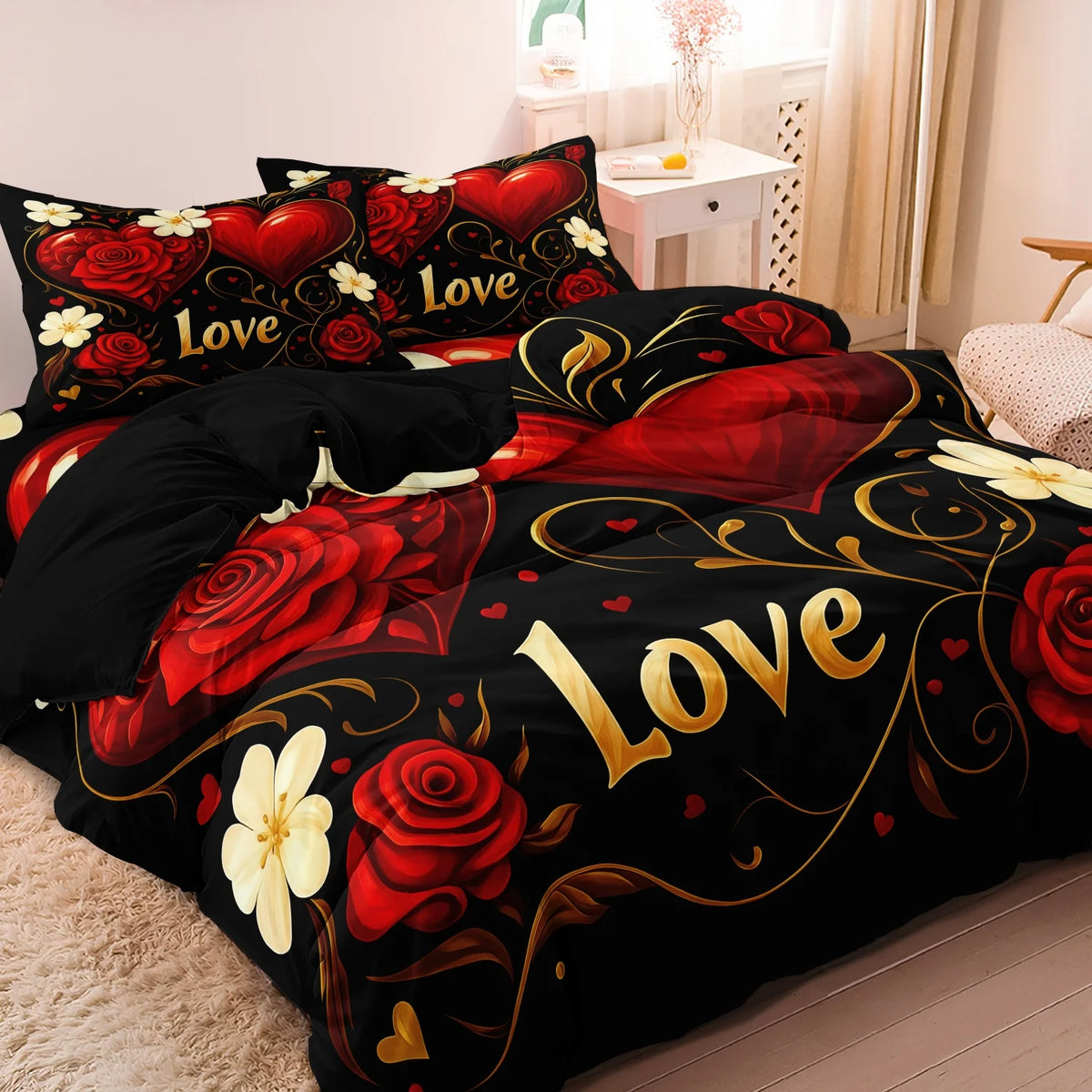 Black bedding set featuring a red floral heart print duvet cover and pillowcases with gold accents.
