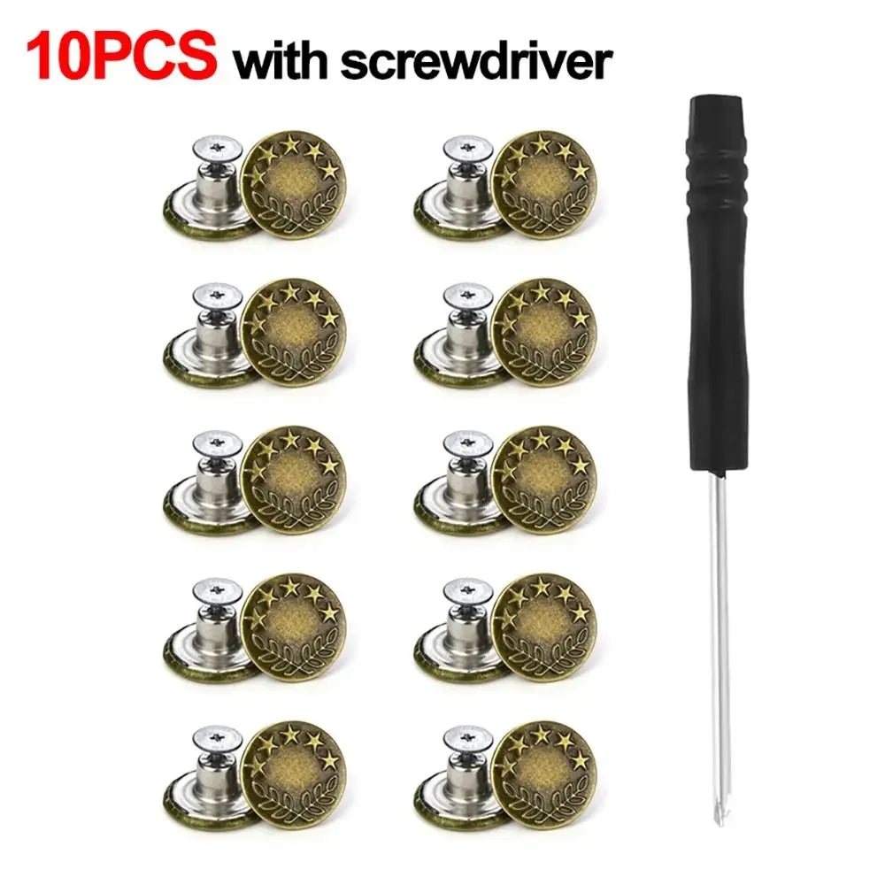 A set of 10 metal jeans button repair kits with a screwdriver.