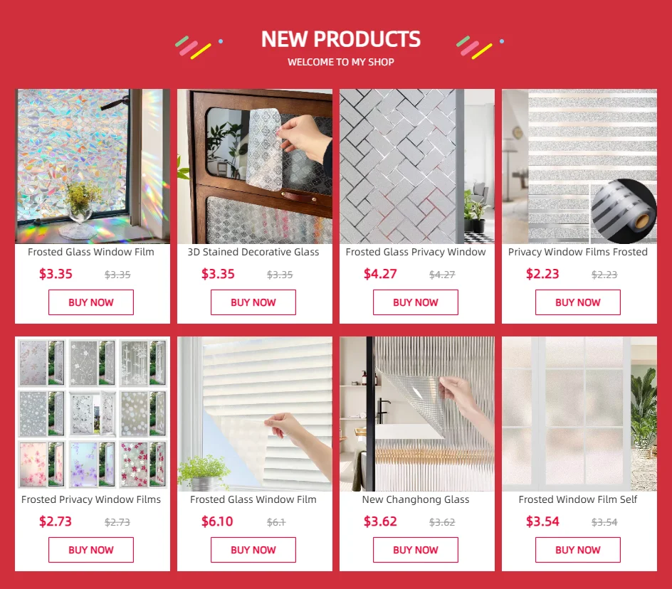 A collection of window films including frosted glass, privacy film, and decorative glass for various window applications.