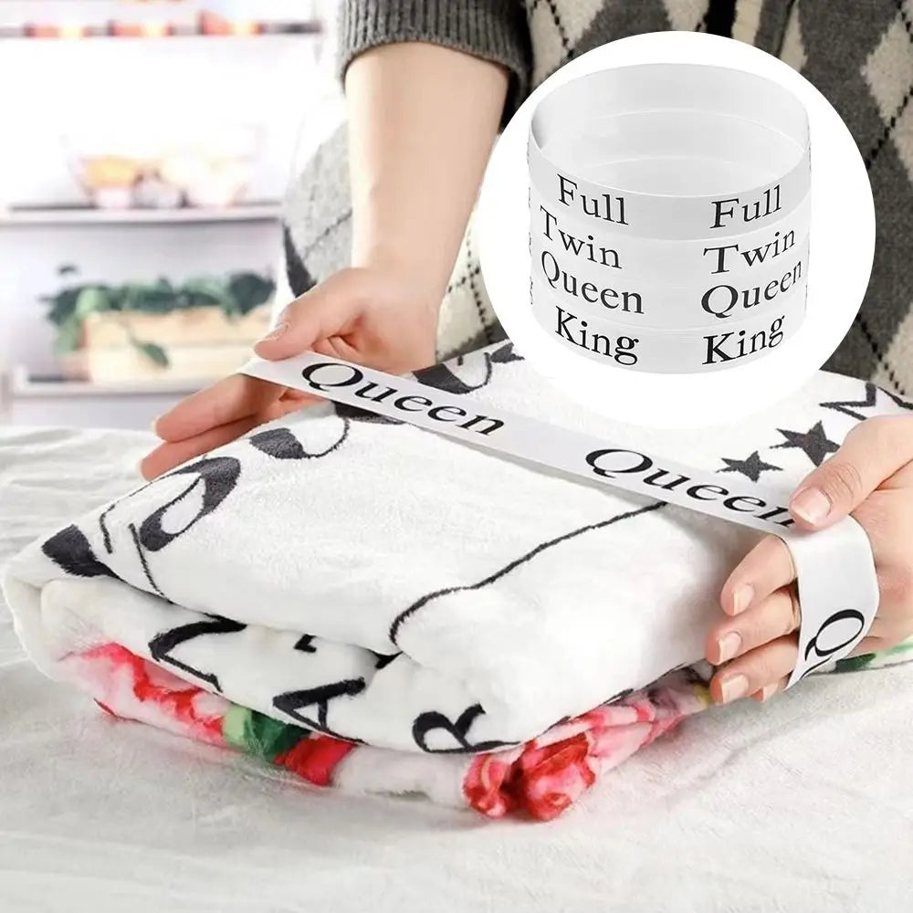 A white bed sheet organizer with black straps is shown next to a stack of white cups labeled Full Twin Queen and King.