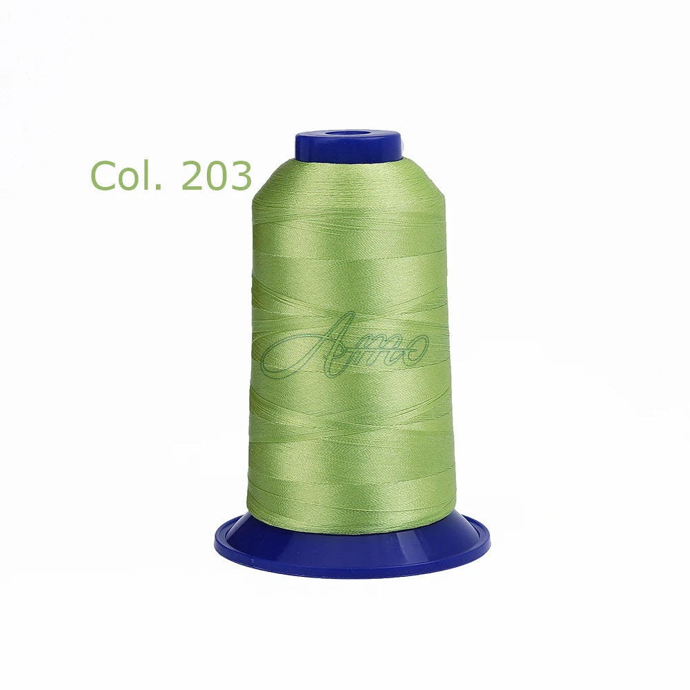 A spool of olive green high tenacity polyester embroidery thread with a blue core.