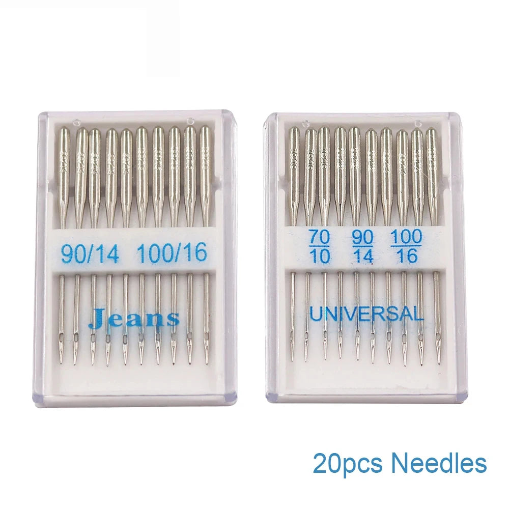A set of 20 precision sewing machine needles packaged in two plastic containers labeled for various sizes like 90/14, 100/16,