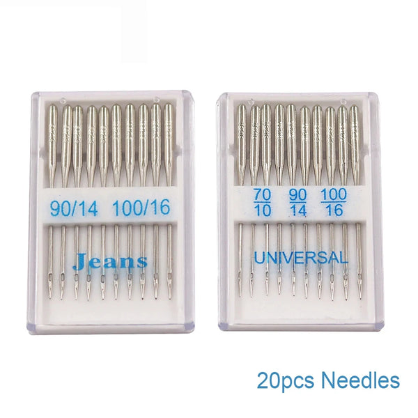 A set of 20 precision sewing machine needles packaged in two plastic containers labeled for various sizes like 90/14, 100/16,
