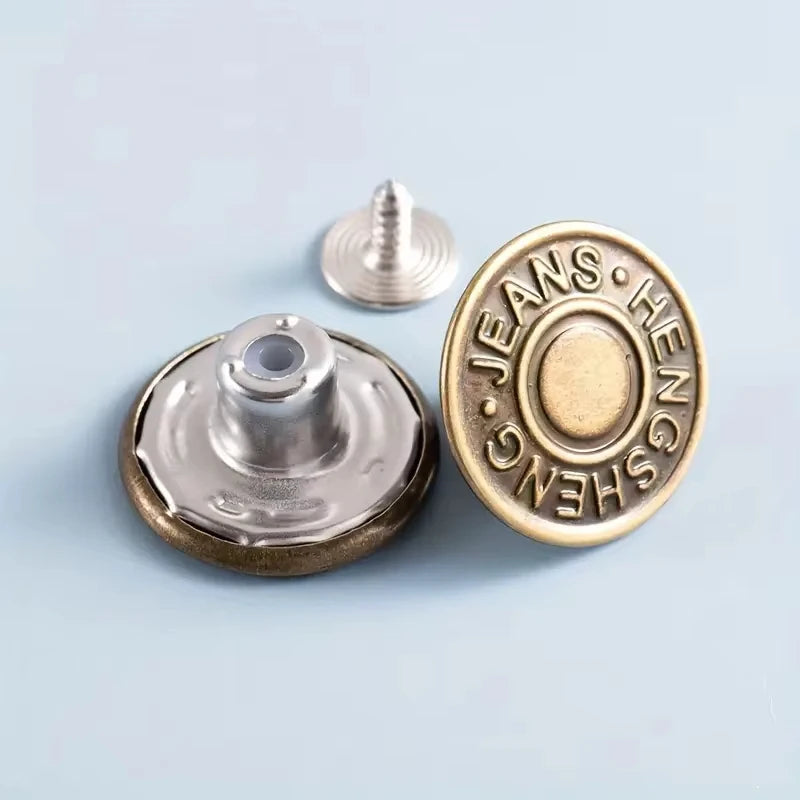 A set of adjustable metal snap buttons for denim, including a button and a corresponding screw.