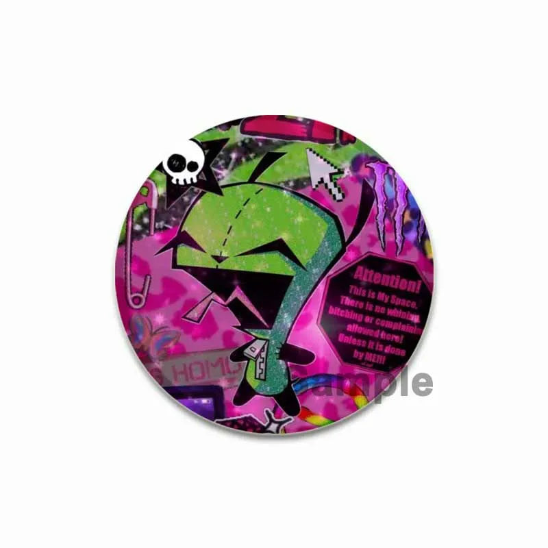 A colorful enamel pin featuring a stylized green alien character against a pink background.
