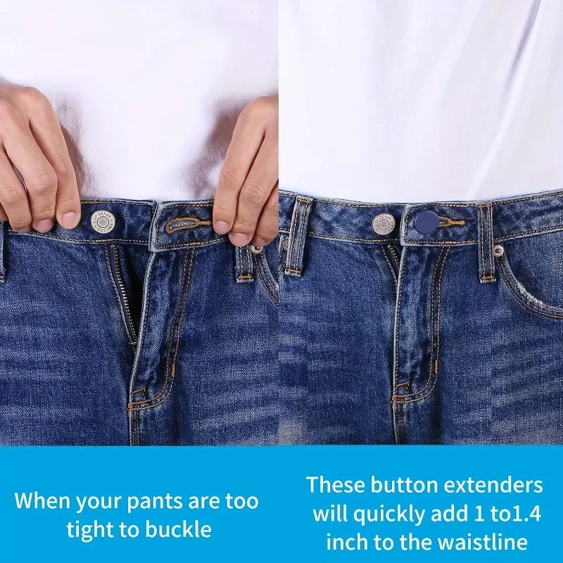 Close-up of denim jeans with button extenders being used to adjust the waistband.