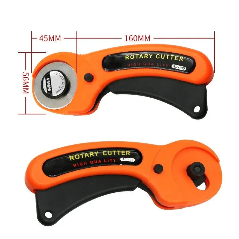 An orange rotary cutter tool with black grip and measurements indicating 45mm and 160mm dimensions.