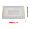 Light blue rectangular dining table cloth with lace trim and embroidered floral pattern