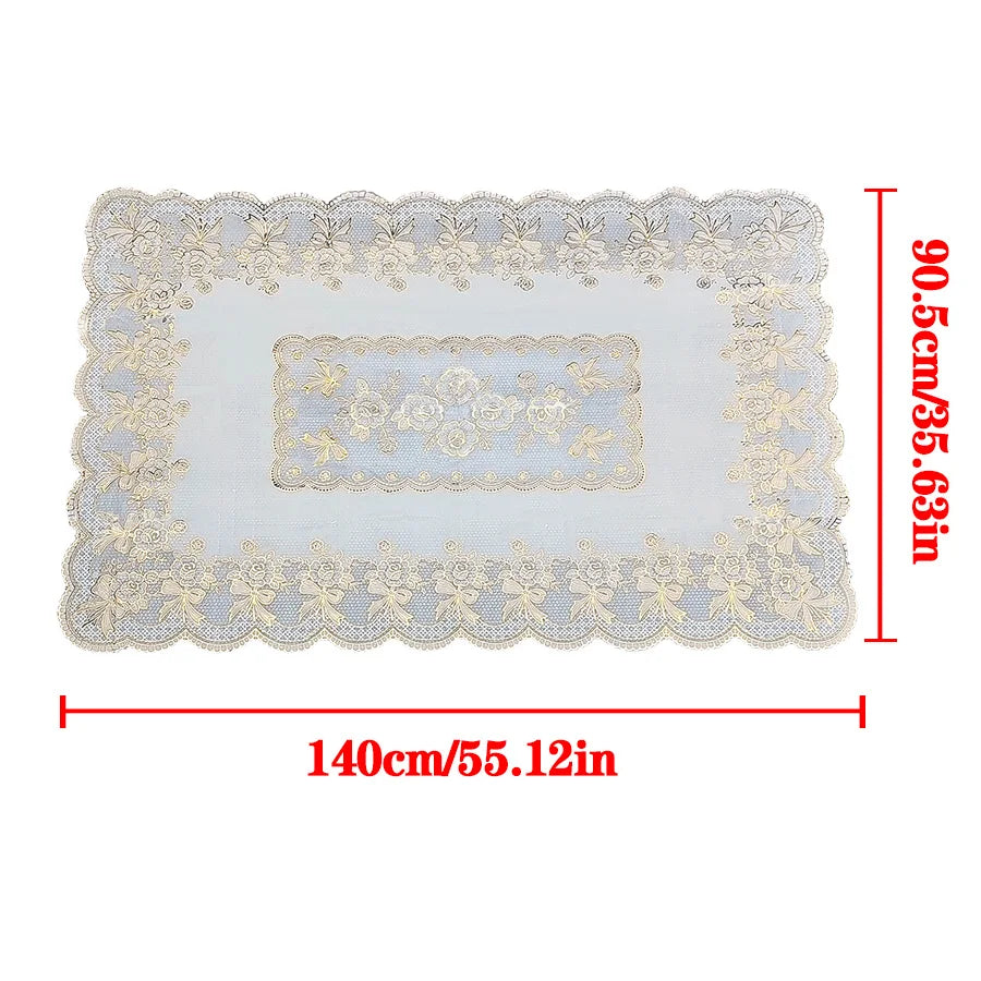 Light blue rectangular dining table cloth with lace trim and embroidered floral pattern