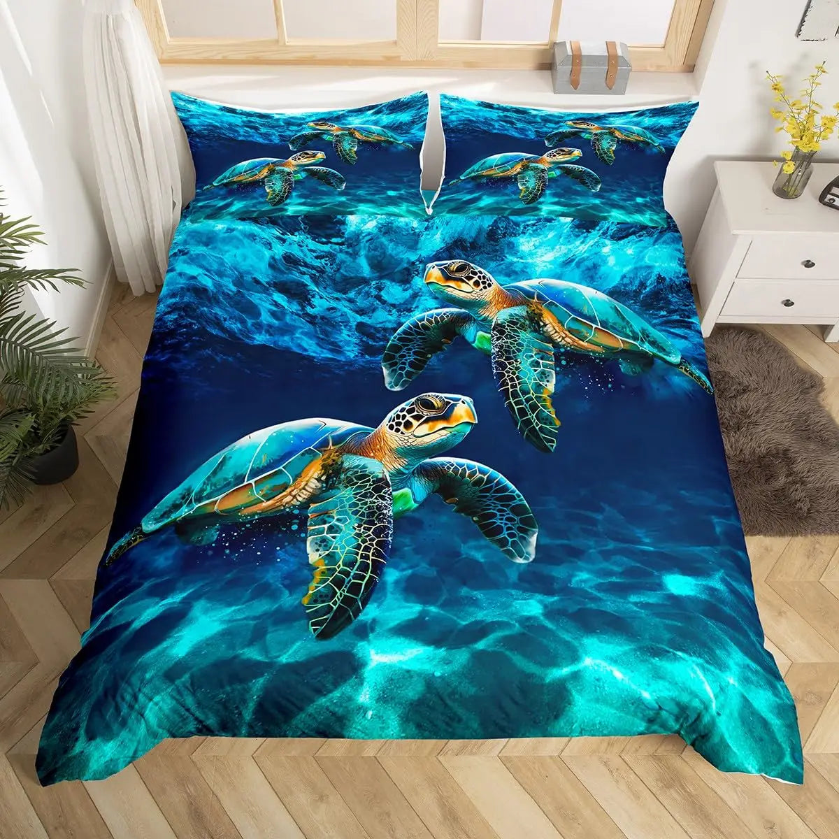 A vibrant blue sea turtle duvet cover set featuring multiple sea turtles swimming in turquoise water.