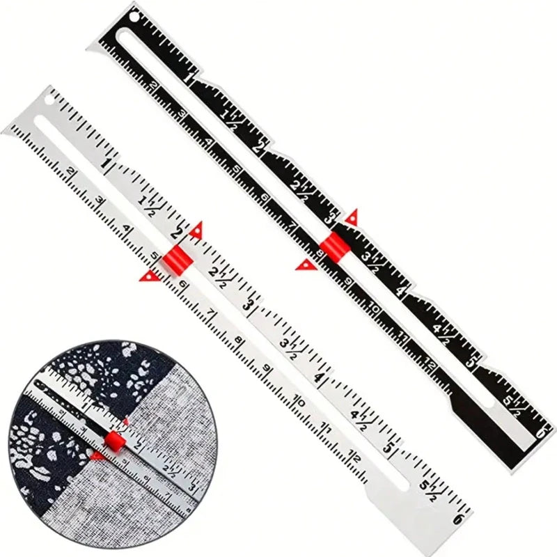 A precision metal sliding sewing gauge with a ruler and a circular measuring tool for crafting.
