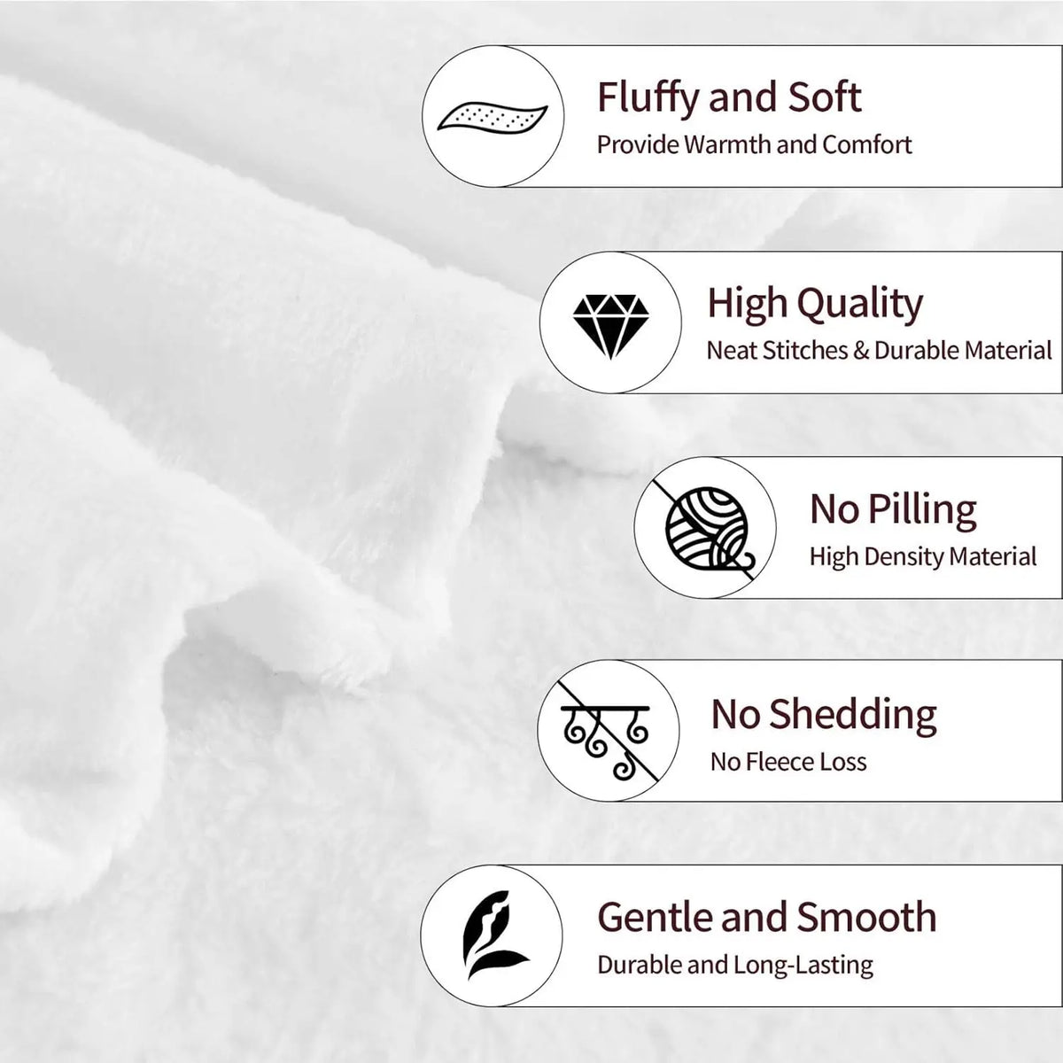 A close-up of a white flannel blanket showing features like fluffiness, high quality stitching, and durability.