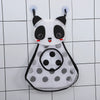 A white and black cartoon panda bath toy organizer with adhesive hooks and a mesh insert.