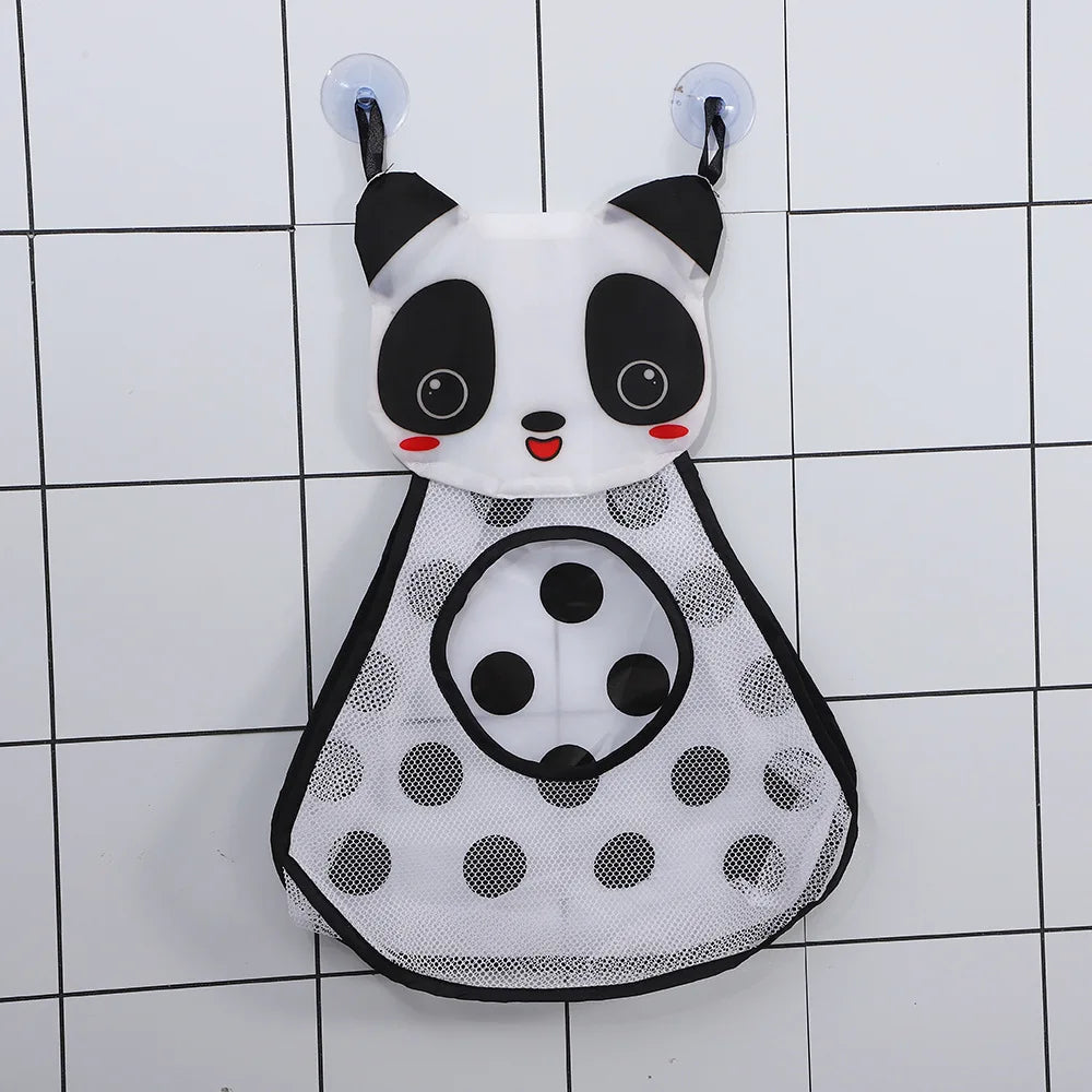 A white and black cartoon panda bath toy organizer with adhesive hooks and a mesh insert.
