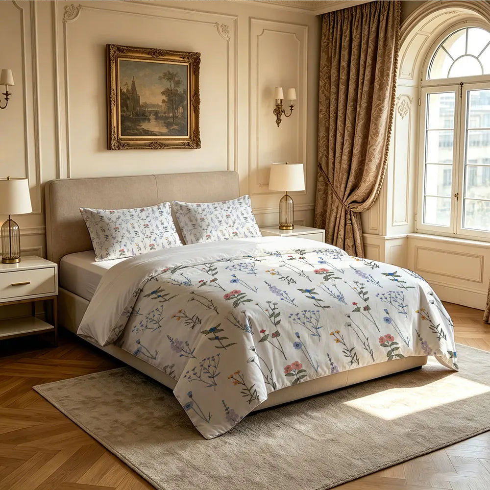 A bedroom featuring a beige upholstered bed with a white floral duvet cover and light wood accents.