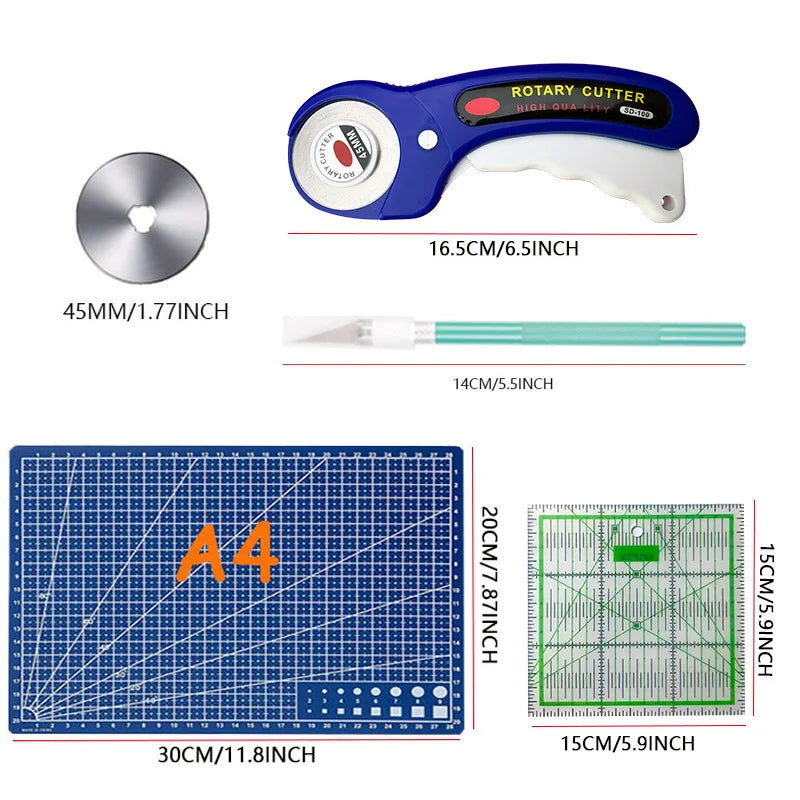 A blue rotary cutter tool with a white handle, a cutting mat, and various craft accessories.