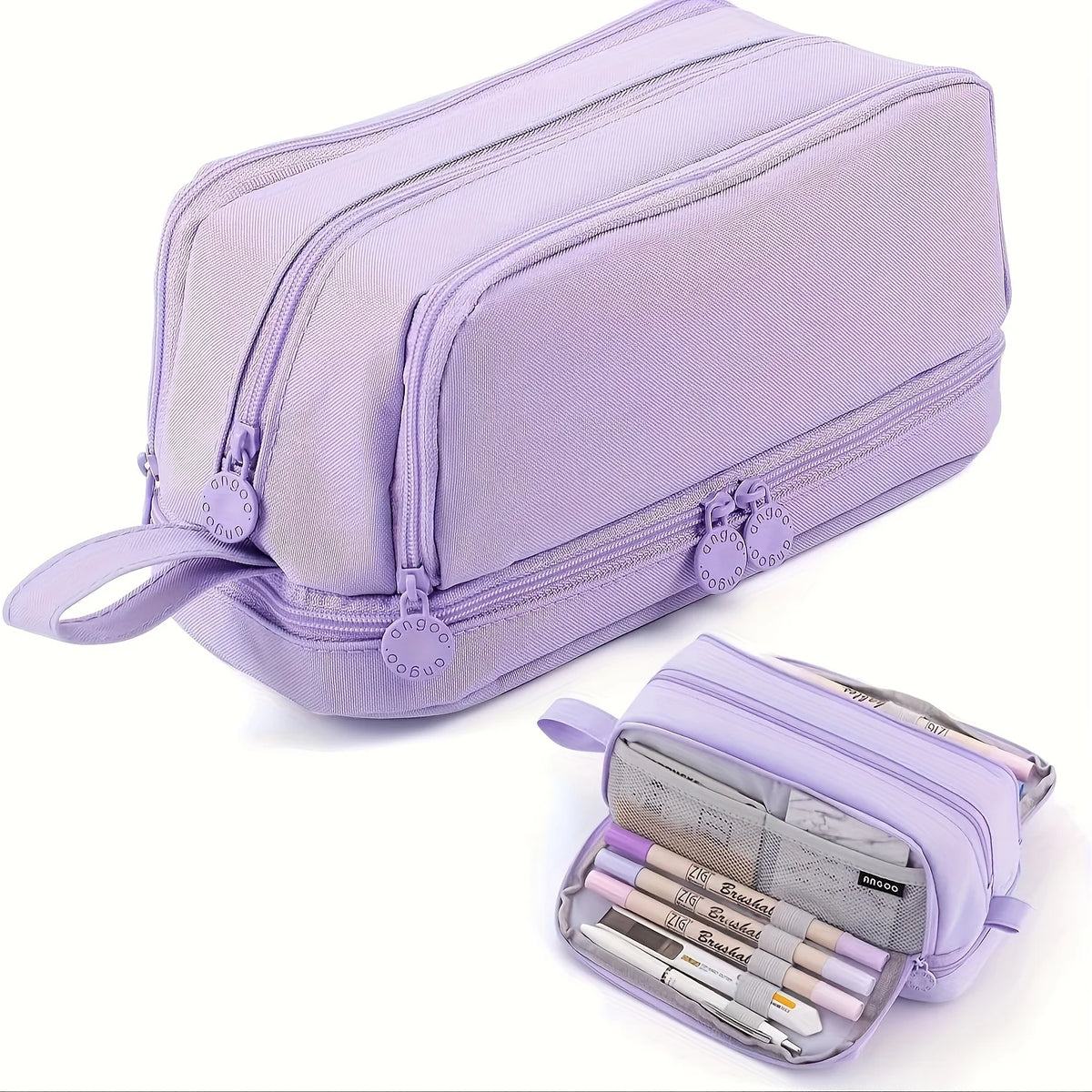 A lavender fabric pencil pouch with multiple zippered compartments and a strap.