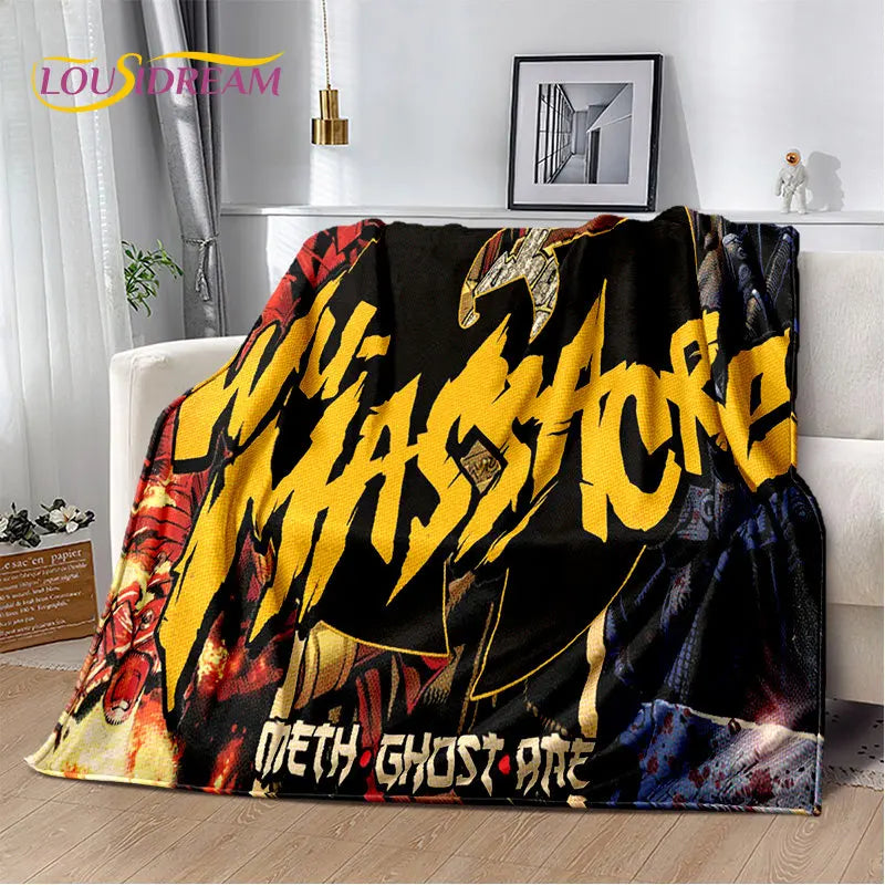 A black and yellow flannel throw blanket featuring a graphic design with text and abstract elements.