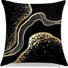 Black pillow cover featuring a swirling gold and black marbled pattern with scattered gold spots