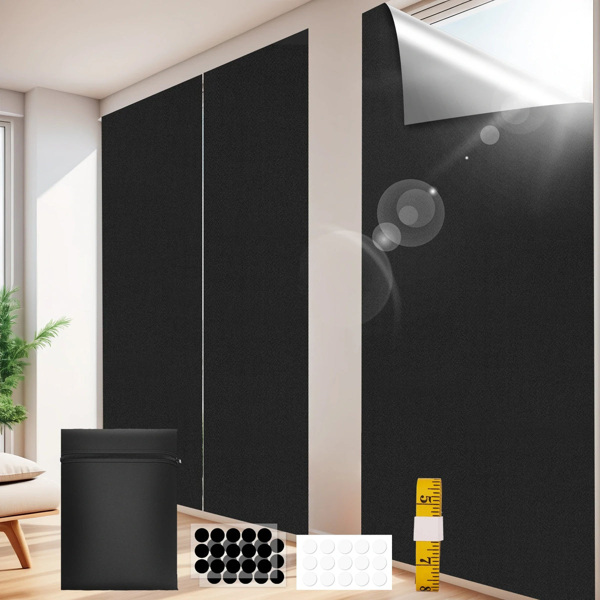 Portable black blackout window shades displayed against a white wall with a window and measuring tools.
