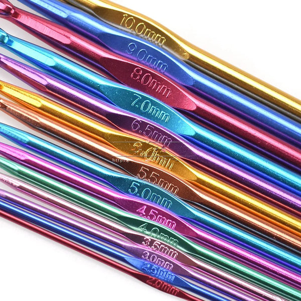 A close-up view of a set of precision aluminum crochet and knitting needles in various sizes and colors.
