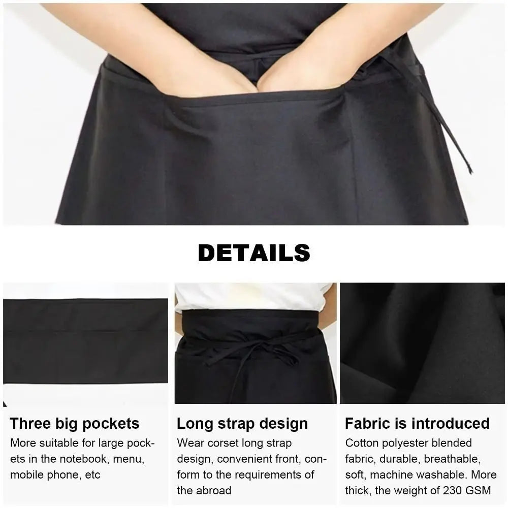 Black unisex waist apron featuring a long strap design and three big pockets