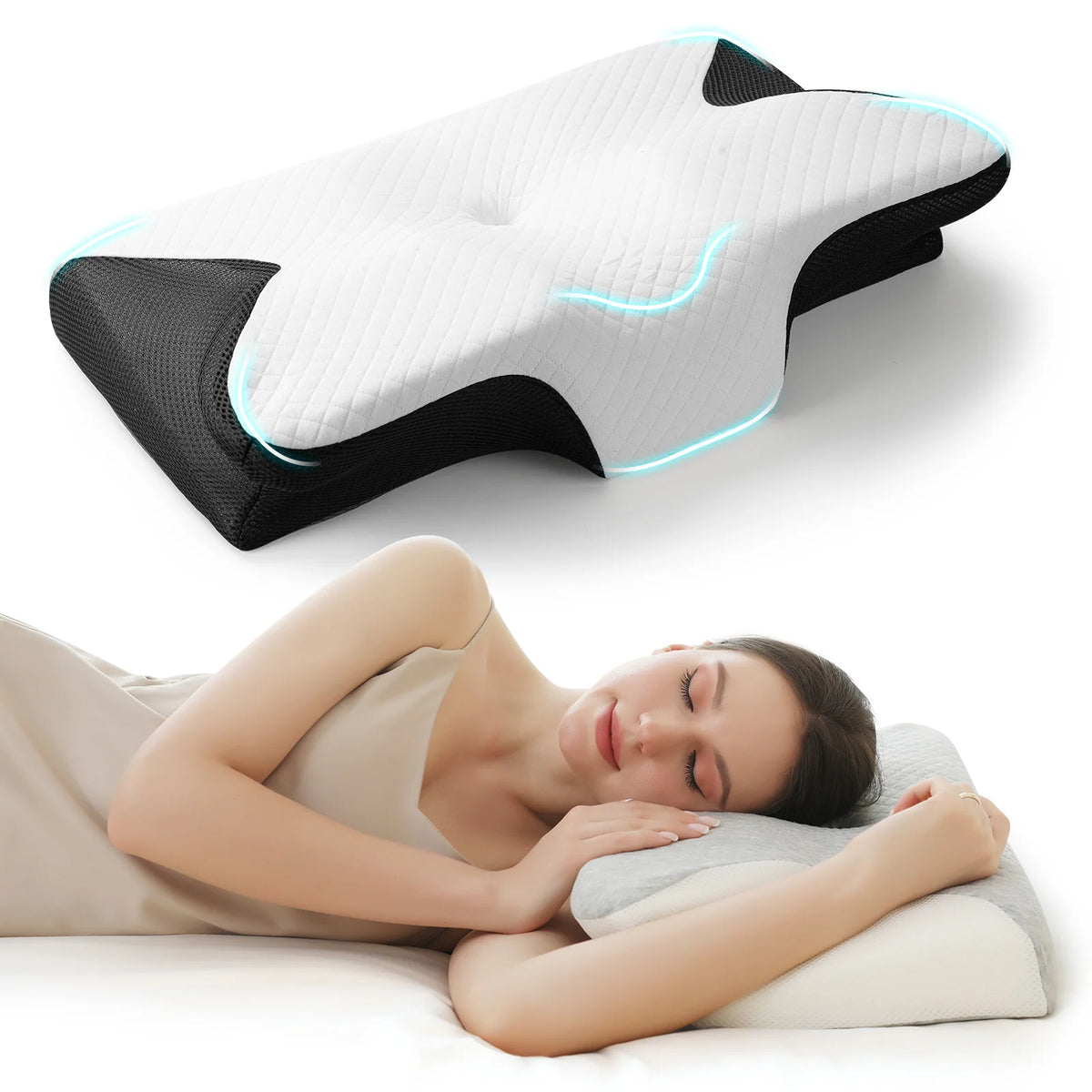 A white contoured memory foam sleep pillow with blue accents is shown next to a woman sleeping.