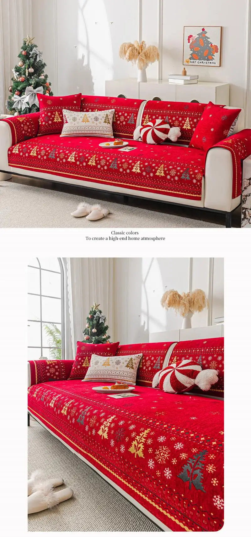 A red decorative sofa seat cover with white embroidery and festive accents displayed on a modern sofa.