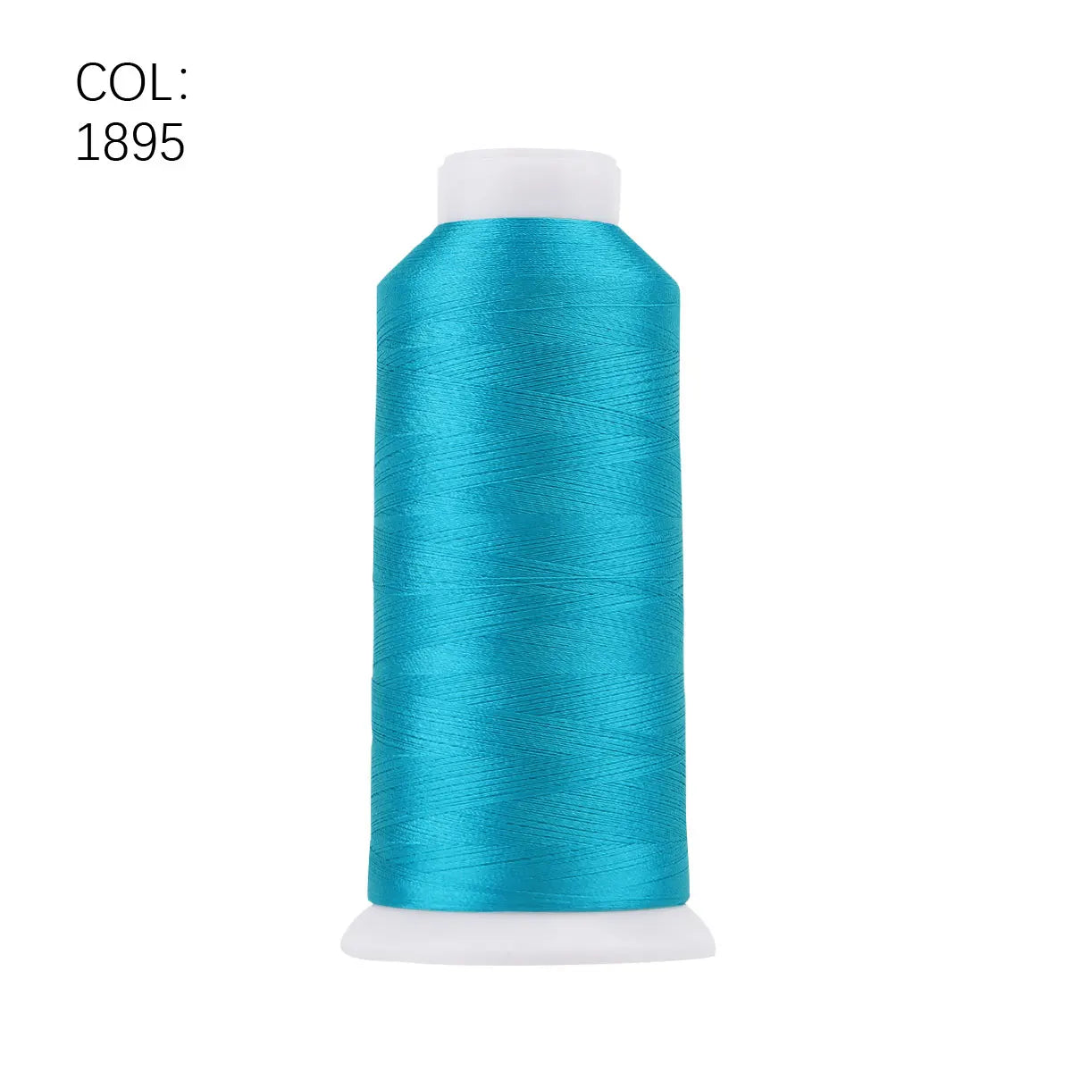 A roll of bright teal polyester embroidery thread with a white core.