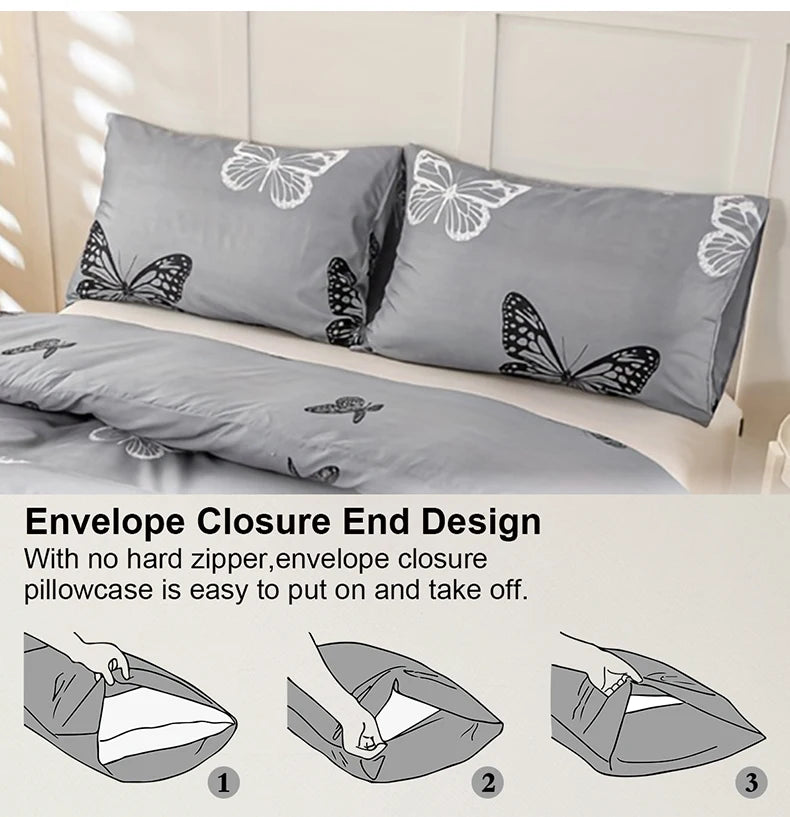 Gray envelope closure pillowcase with butterfly print design shown in various ways