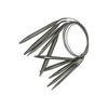 A set of stainless steel circular knitting needles, arranged in a fan shape.