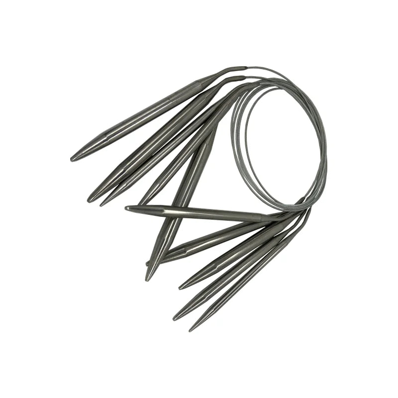 A set of stainless steel circular knitting needles, arranged in a fan shape.