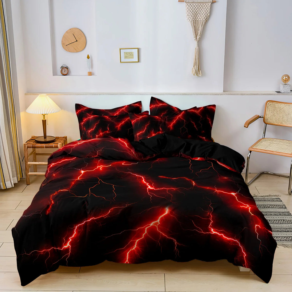 A black duvet cover set featuring a vibrant red lightning bolt print in a natural light bedroom setting.