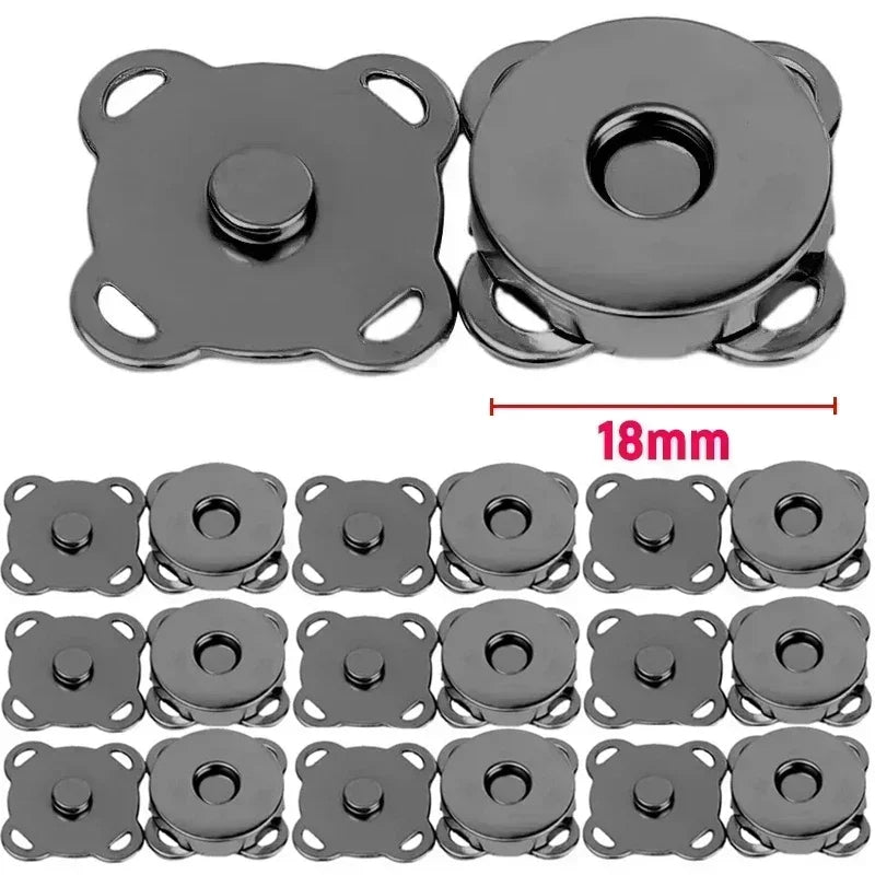 Silver magnetic snap fasteners for bags, purses, and craft projects shown in various sizes