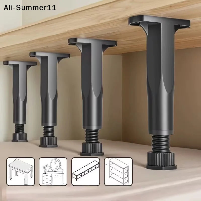 A set of heavy-duty adjustable furniture support legs in matte black finish shown against a wooden background.