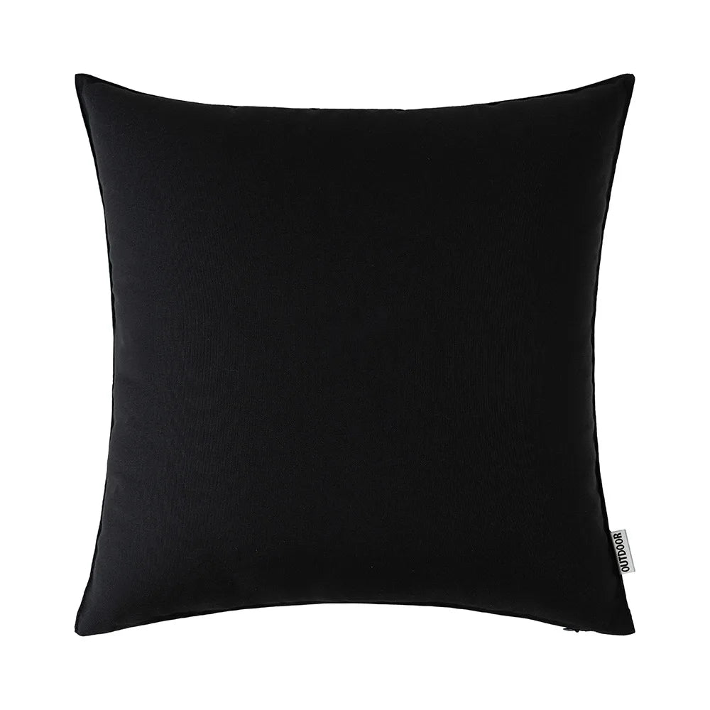 A square black decorative outdoor pillow cover.